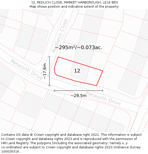12, REDLICH CLOSE, MARKET HARBOROUGH, LE16 8EN: Plot and title map