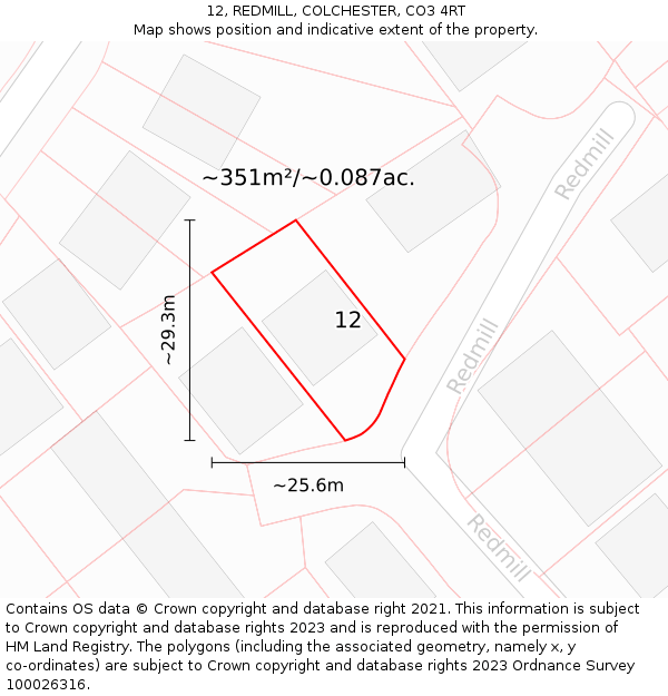 12, REDMILL, COLCHESTER, CO3 4RT: Plot and title map