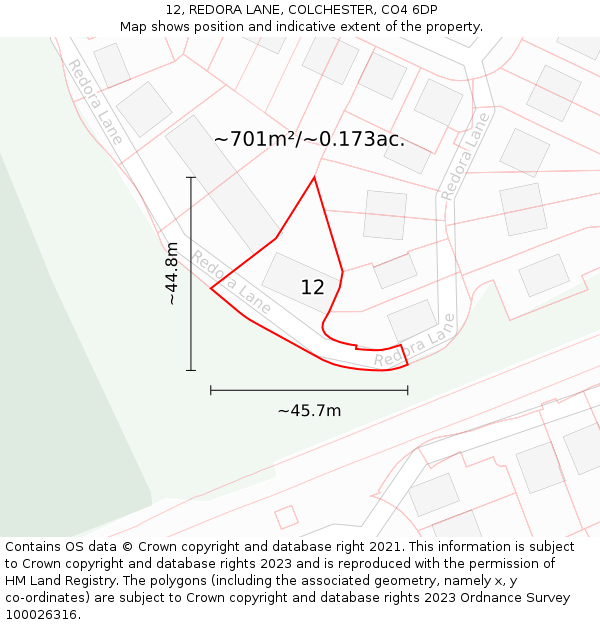 12, REDORA LANE, COLCHESTER, CO4 6DP: Plot and title map
