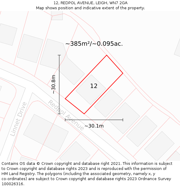 12, REDPOL AVENUE, LEIGH, WN7 2GA: Plot and title map
