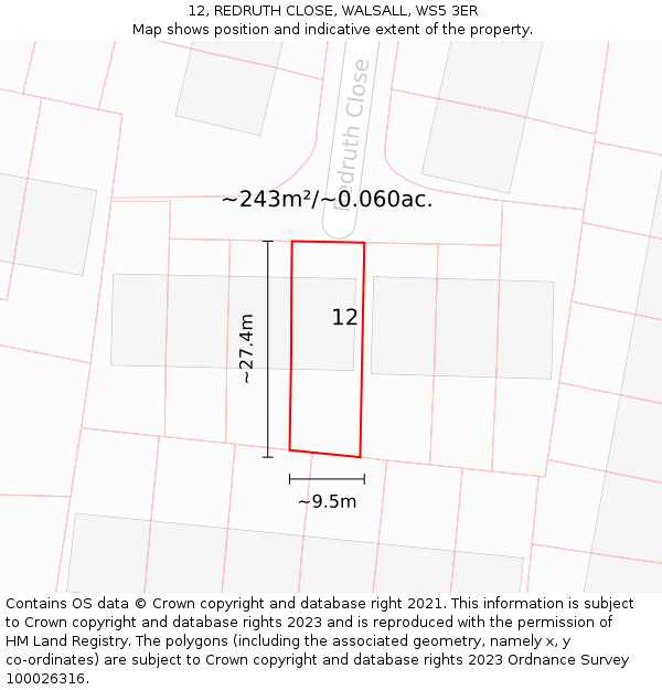12, REDRUTH CLOSE, WALSALL, WS5 3ER: Plot and title map