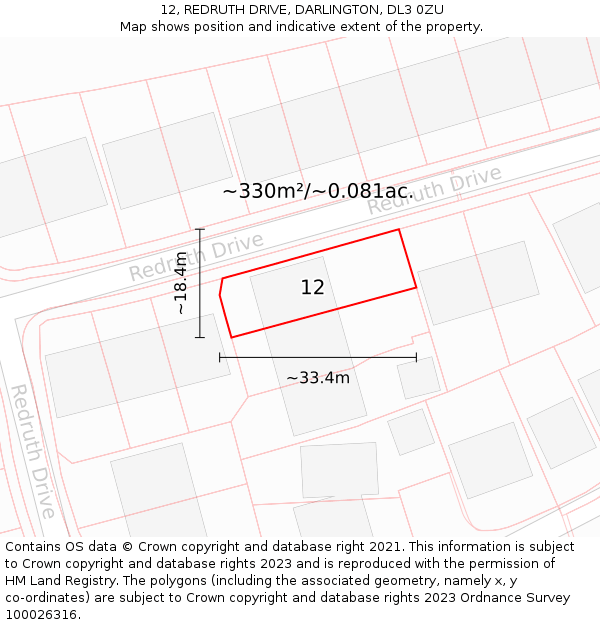 12, REDRUTH DRIVE, DARLINGTON, DL3 0ZU: Plot and title map