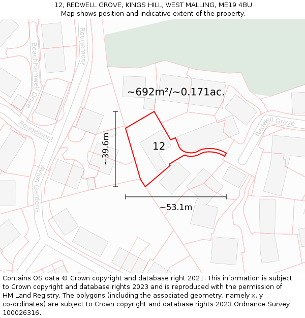 12, REDWELL GROVE, KINGS HILL, WEST MALLING, ME19 4BU: Plot and title map