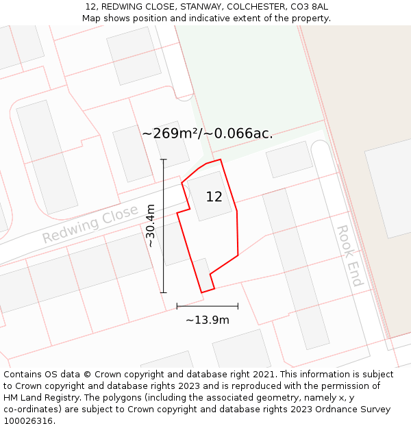 12, REDWING CLOSE, STANWAY, COLCHESTER, CO3 8AL: Plot and title map