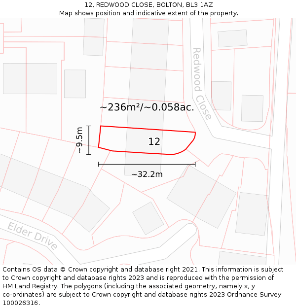 12, REDWOOD CLOSE, BOLTON, BL3 1AZ: Plot and title map