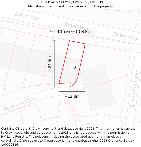 12, REDWOOD CLOSE, EXMOUTH, EX8 5NS: Plot and title map