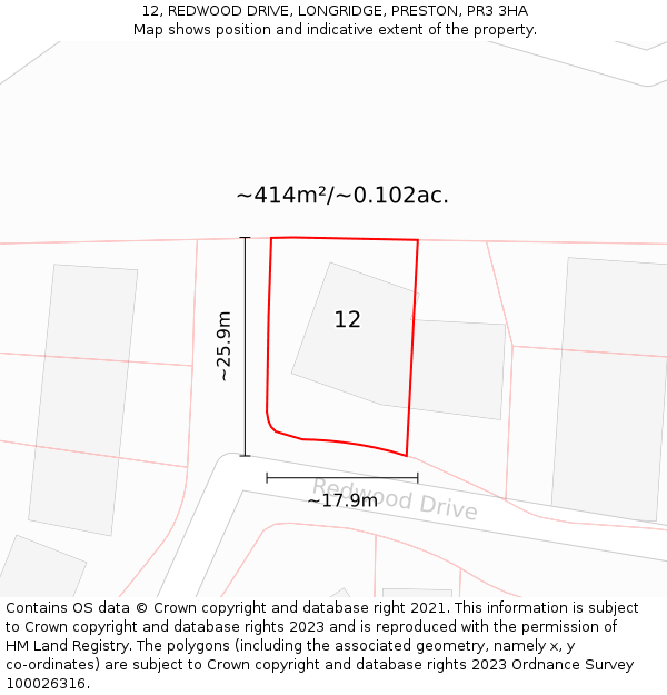 12, REDWOOD DRIVE, LONGRIDGE, PRESTON, PR3 3HA: Plot and title map