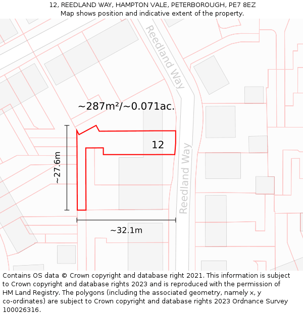 12, REEDLAND WAY, HAMPTON VALE, PETERBOROUGH, PE7 8EZ: Plot and title map