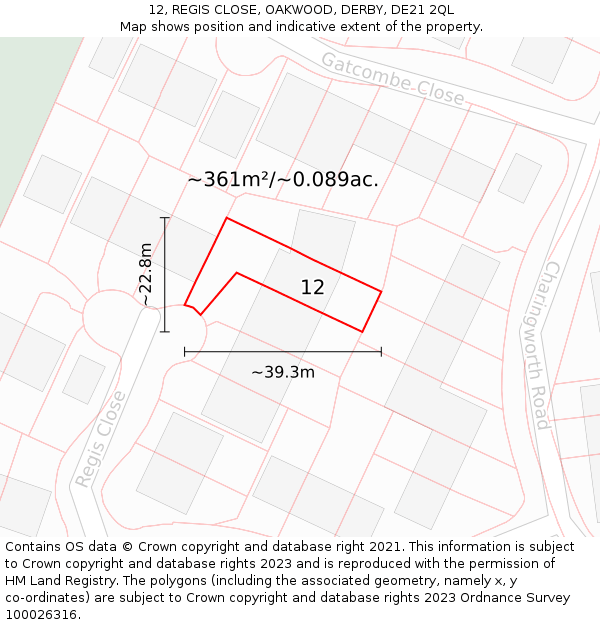 12, REGIS CLOSE, OAKWOOD, DERBY, DE21 2QL: Plot and title map