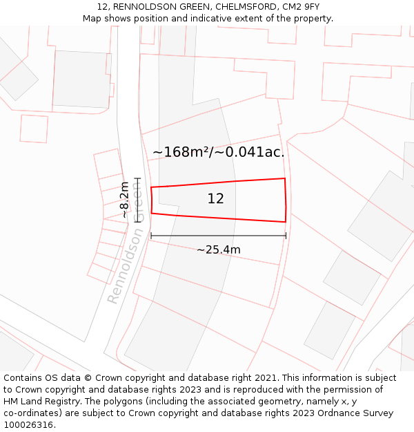 12, RENNOLDSON GREEN, CHELMSFORD, CM2 9FY: Plot and title map