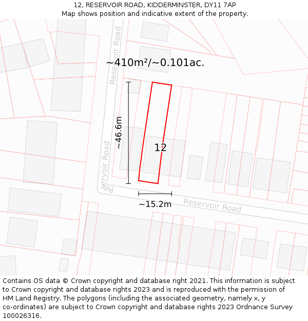 12, RESERVOIR ROAD, KIDDERMINSTER, DY11 7AP: Plot and title map
