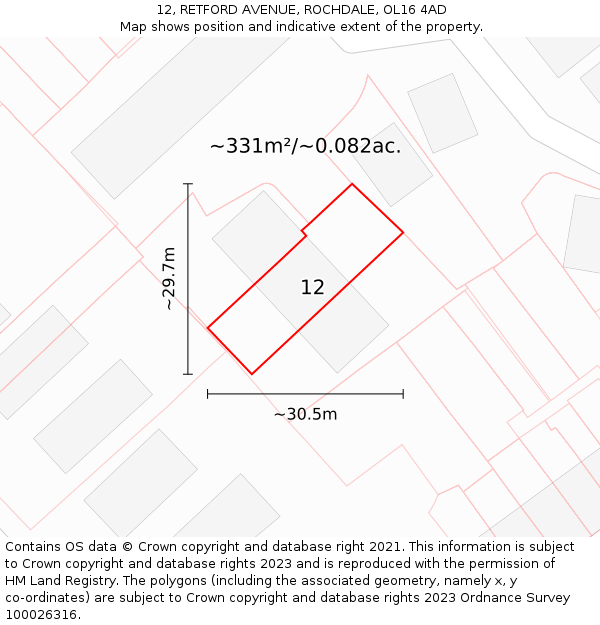 12, RETFORD AVENUE, ROCHDALE, OL16 4AD: Plot and title map
