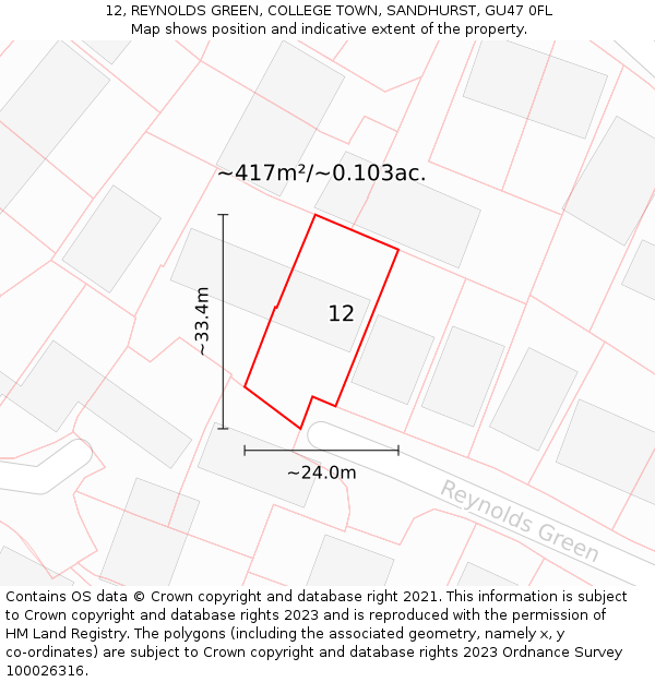 12, REYNOLDS GREEN, COLLEGE TOWN, SANDHURST, GU47 0FL: Plot and title map
