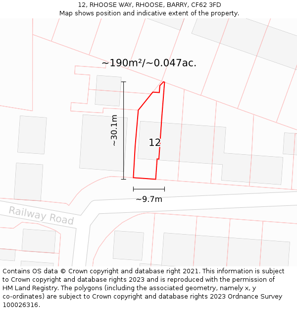 12, RHOOSE WAY, RHOOSE, BARRY, CF62 3FD: Plot and title map