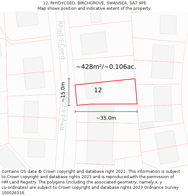 12, RHYDYCOED, BIRCHGROVE, SWANSEA, SA7 9PE: Plot and title map