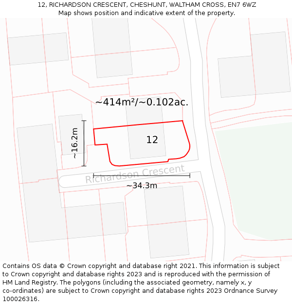 12, RICHARDSON CRESCENT, CHESHUNT, WALTHAM CROSS, EN7 6WZ: Plot and title map