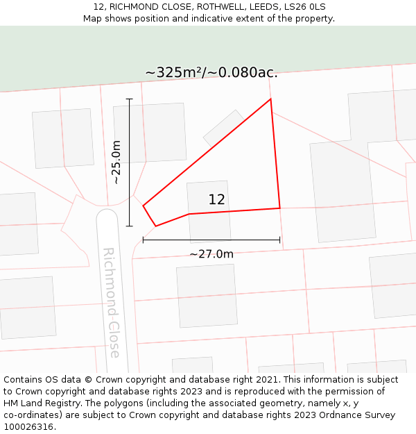 12, RICHMOND CLOSE, ROTHWELL, LEEDS, LS26 0LS: Plot and title map