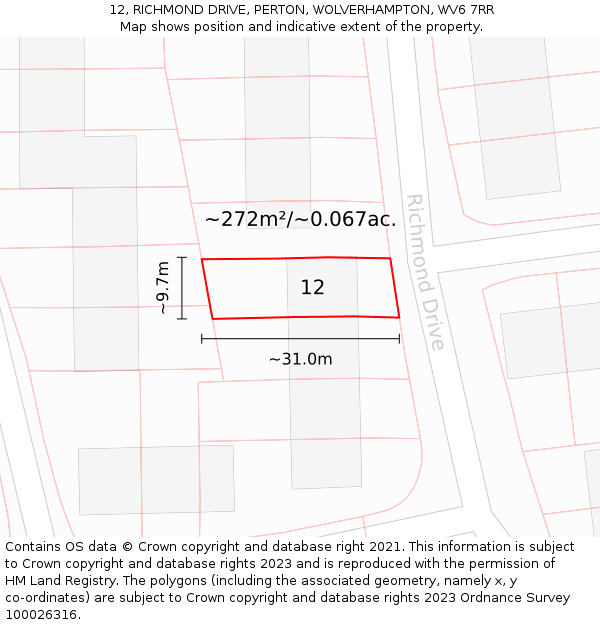12, RICHMOND DRIVE, PERTON, WOLVERHAMPTON, WV6 7RR: Plot and title map