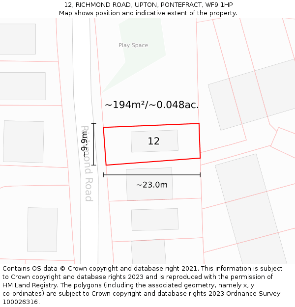 12, RICHMOND ROAD, UPTON, PONTEFRACT, WF9 1HP: Plot and title map