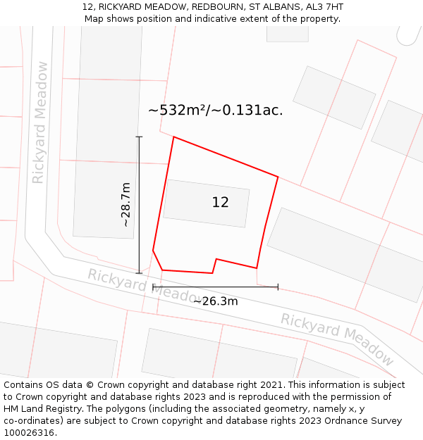 12, RICKYARD MEADOW, REDBOURN, ST ALBANS, AL3 7HT: Plot and title map