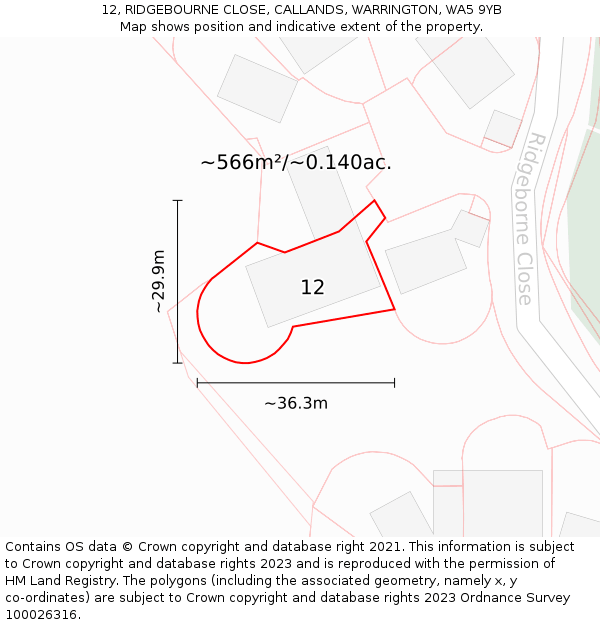 12, RIDGEBOURNE CLOSE, CALLANDS, WARRINGTON, WA5 9YB: Plot and title map