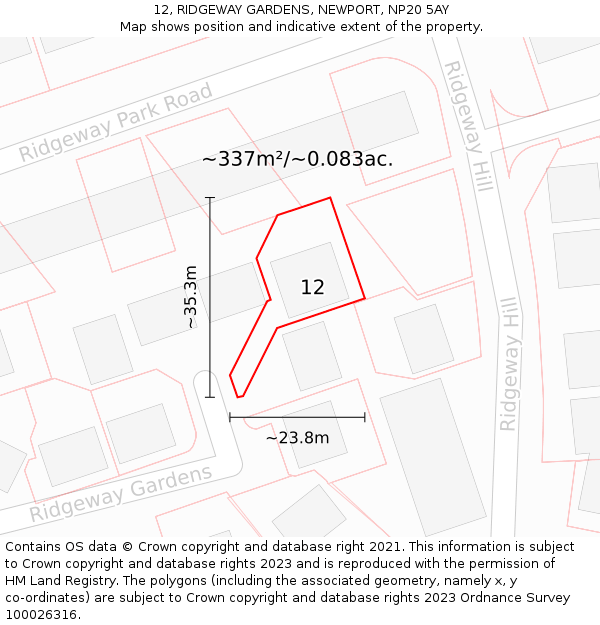 12, RIDGEWAY GARDENS, NEWPORT, NP20 5AY: Plot and title map