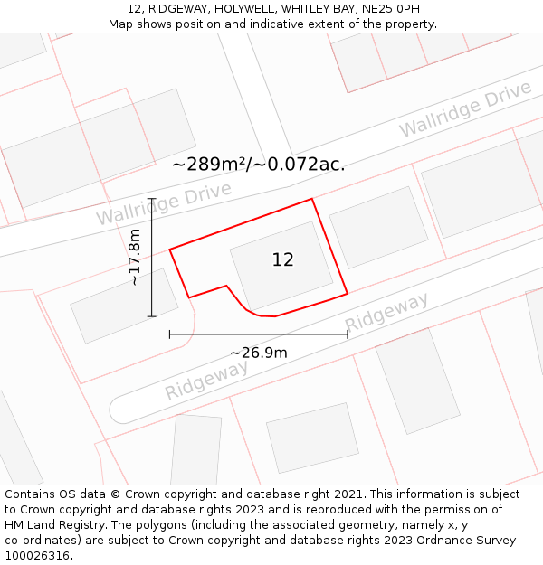 12, RIDGEWAY, HOLYWELL, WHITLEY BAY, NE25 0PH: Plot and title map