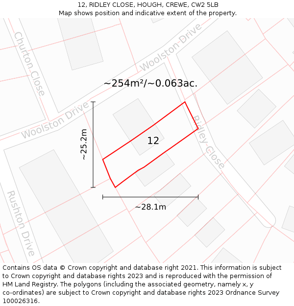 12, RIDLEY CLOSE, HOUGH, CREWE, CW2 5LB: Plot and title map