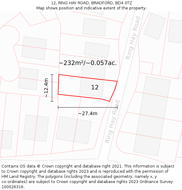 12, RING HAY ROAD, BRADFORD, BD4 0TZ: Plot and title map