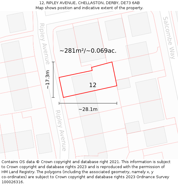 12, RIPLEY AVENUE, CHELLASTON, DERBY, DE73 6AB: Plot and title map