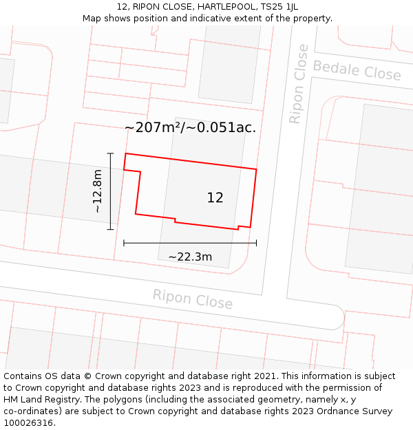 12, RIPON CLOSE, HARTLEPOOL, TS25 1JL: Plot and title map