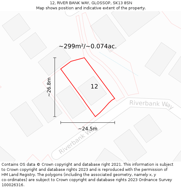 12, RIVER BANK WAY, GLOSSOP, SK13 8SN: Plot and title map