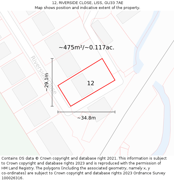 12, RIVERSIDE CLOSE, LISS, GU33 7AE: Plot and title map