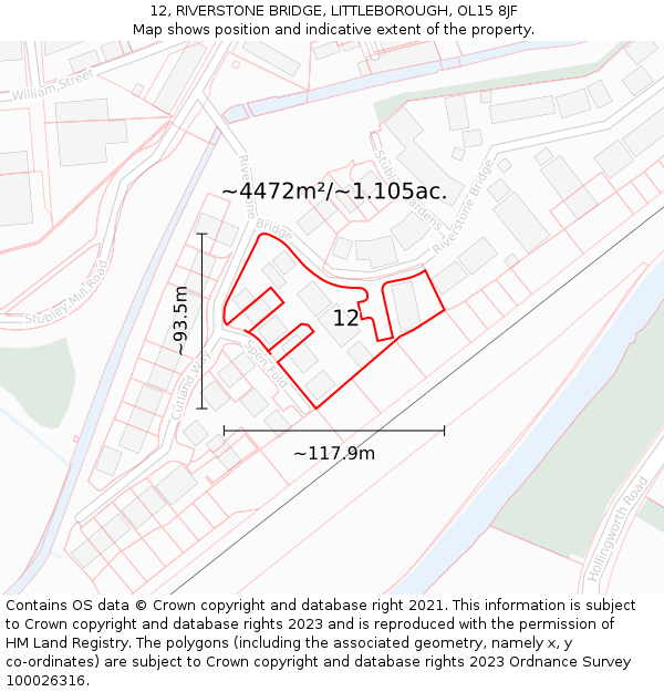 12, RIVERSTONE BRIDGE, LITTLEBOROUGH, OL15 8JF: Plot and title map