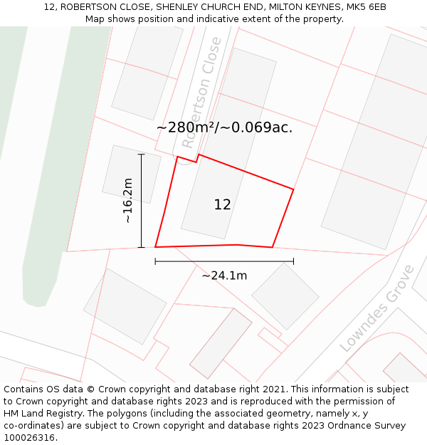 12, ROBERTSON CLOSE, SHENLEY CHURCH END, MILTON KEYNES, MK5 6EB: Plot and title map