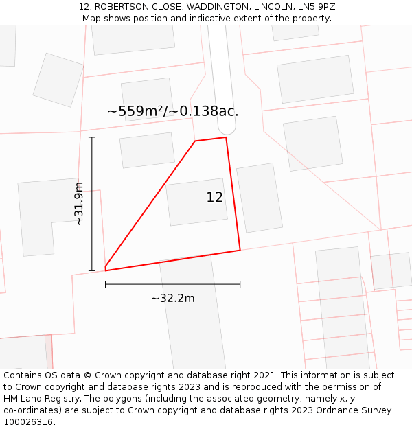 12, ROBERTSON CLOSE, WADDINGTON, LINCOLN, LN5 9PZ: Plot and title map