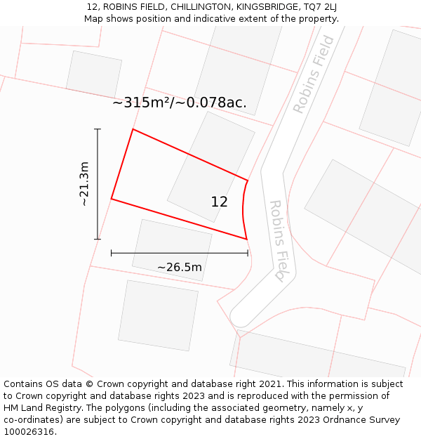 12, ROBINS FIELD, CHILLINGTON, KINGSBRIDGE, TQ7 2LJ: Plot and title map