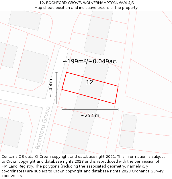 12, ROCHFORD GROVE, WOLVERHAMPTON, WV4 4JS: Plot and title map