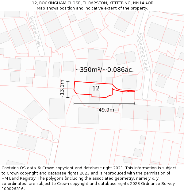 12, ROCKINGHAM CLOSE, THRAPSTON, KETTERING, NN14 4QP: Plot and title map