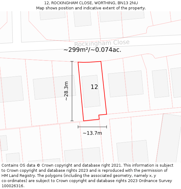 12, ROCKINGHAM CLOSE, WORTHING, BN13 2NU: Plot and title map