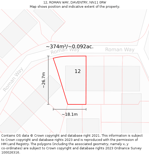 12, ROMAN WAY, DAVENTRY, NN11 0RW: Plot and title map