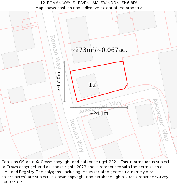 12, ROMAN WAY, SHRIVENHAM, SWINDON, SN6 8FA: Plot and title map
