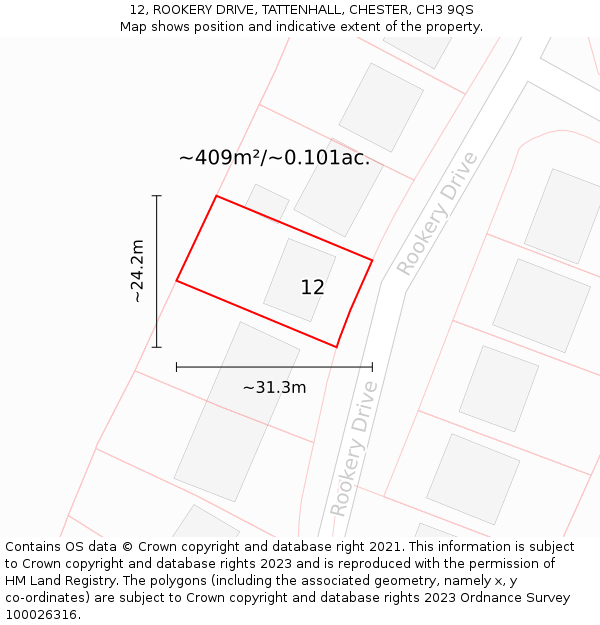 12, ROOKERY DRIVE, TATTENHALL, CHESTER, CH3 9QS: Plot and title map