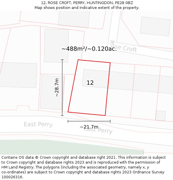 12, ROSE CROFT, PERRY, HUNTINGDON, PE28 0BZ: Plot and title map