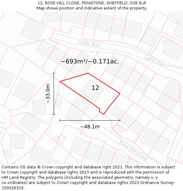 12, ROSE HILL CLOSE, PENISTONE, SHEFFIELD, S36 6UF: Plot and title map