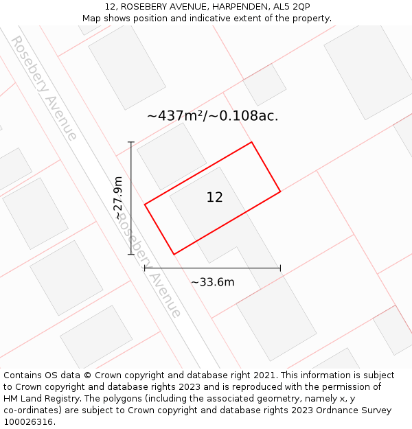 12, ROSEBERY AVENUE, HARPENDEN, AL5 2QP: Plot and title map