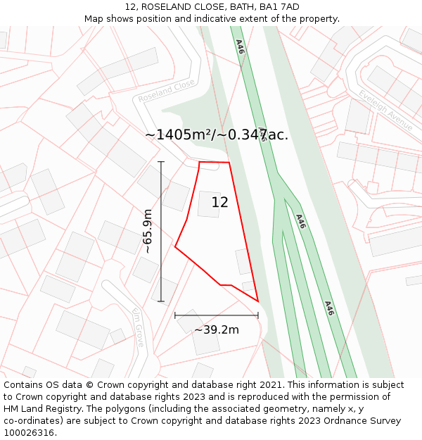 12, ROSELAND CLOSE, BATH, BA1 7AD: Plot and title map