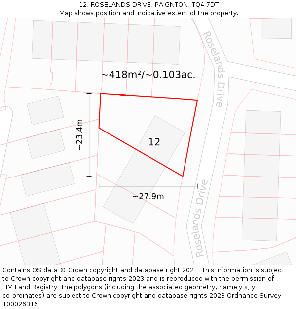 12, ROSELANDS DRIVE, PAIGNTON, TQ4 7DT: Plot and title map