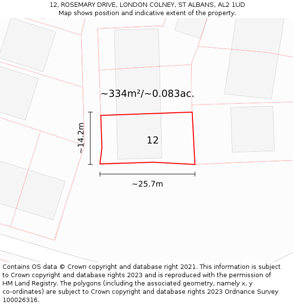 12, ROSEMARY DRIVE, LONDON COLNEY, ST ALBANS, AL2 1UD: Plot and title map