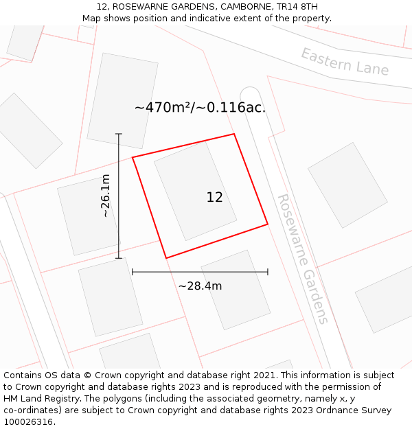 12, ROSEWARNE GARDENS, CAMBORNE, TR14 8TH: Plot and title map